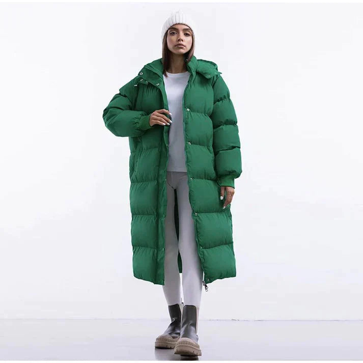 Abrigo Acolchado Largo con Capucha para Mujer – Protección Total para el Invierno