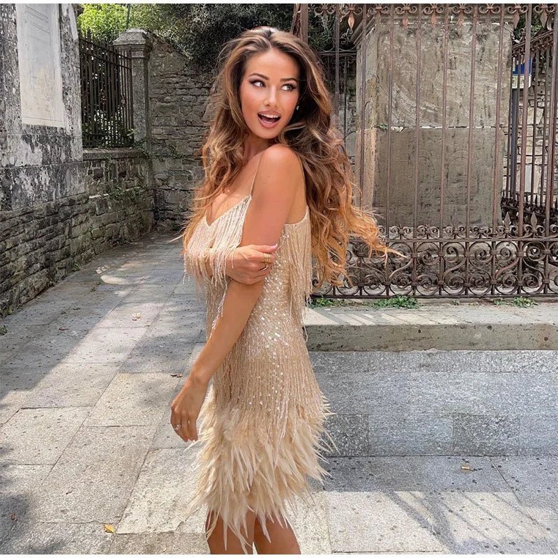 Vestido Mini Mujer Plumas